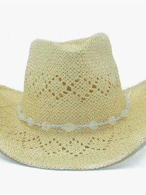 Straw Cowboy Hat with Beaded Band - Cream